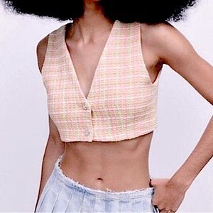 Zara Tweed Crop Pink Green Vest